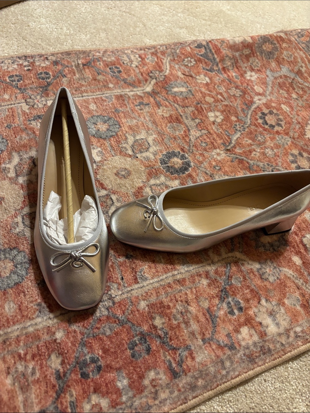 Coach Metallic Silver Low Block Heel Ballet Flats with Bow